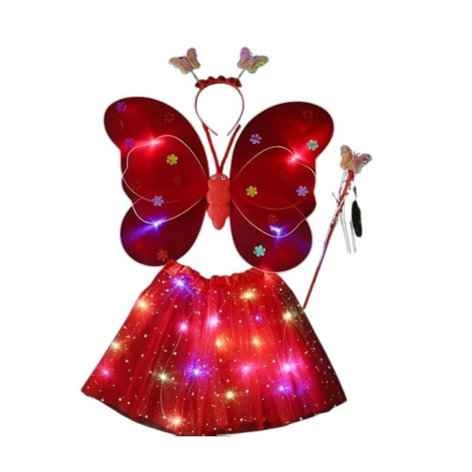 Costum Fluturas pentru Copii cu Aripi Modelabile si Fusta LED, Set 4 Piese cu Bagheta si Bentita, Bumbac si Poliester, Marime Universala, Rosu
