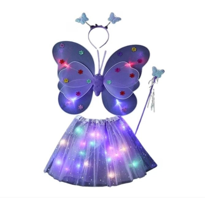 Costum Fluture cu Aripi Modelabile si Lumini LED, Set 4 Piese cu Fusta Tulle, Bagheta si Bentita, Bumbac si Poliester, Marime Universala, Mov