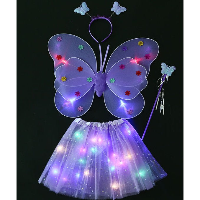 Costum Fluture cu Aripi Modelabile si Lumini LED, Set 4 Piese cu Fusta Tulle, Bagheta si Bentita, Bumbac si Poliester, Marime Universala, Mov