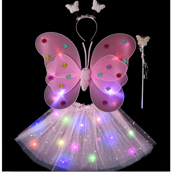 Costum Fluture pentru Copii cu Aripi Modelabile si Fusta Tulle cu Lumini LED, Set 4 Piese cu Bagheta si Bentita, Bumbac si Poliester, Marime Universala, Roz