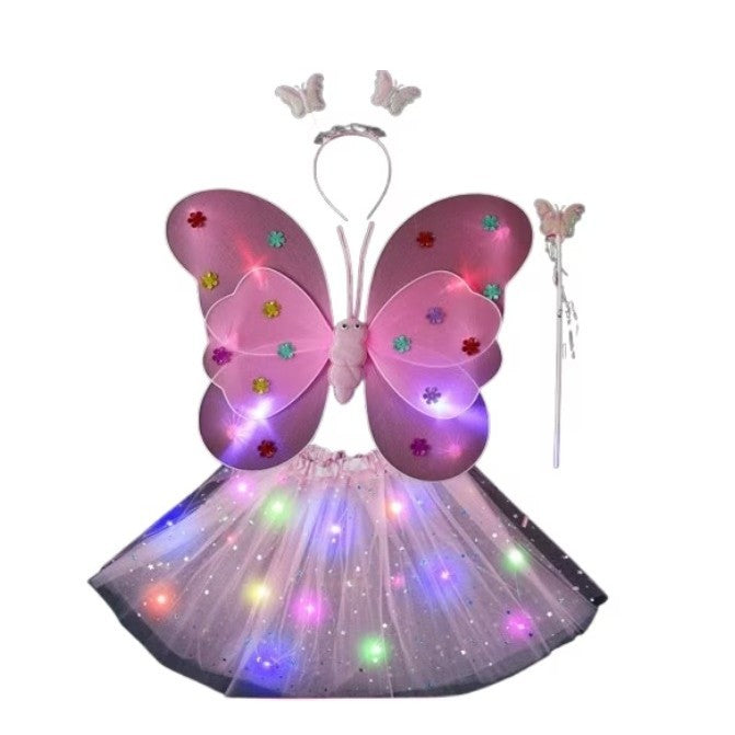 Costum Fluture pentru Copii cu Aripi Modelabile si Fusta Tulle cu Lumini LED, Set 4 Piese cu Bagheta si Bentita, Bumbac si Poliester, Marime Universala, Roz