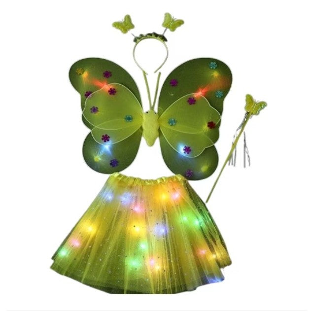 Costum Fluturas cu Aripi Modelabile si LED, Fusta Tul Luminoasa, Bagheta si Bentita, Set 4 Piese, Bumbac si Poliester, Marime Universala, Galben