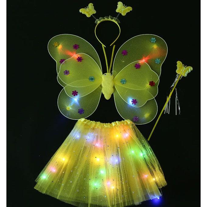 Costum Fluturas cu Aripi Modelabile si LED, Fusta Tul Luminoasa, Bagheta si Bentita, Set 4 Piese, Bumbac si Poliester, Marime Universala, Galben