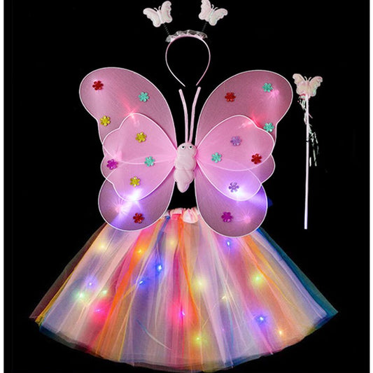 Costum Fluturas pentru Copii, Aripi Modelabile si Fusta Tul cu Lumini LED, Set 4 Piese cu Bagheta si Bentita, Bumbac si Poliester, Marime Universala, Curcubeu