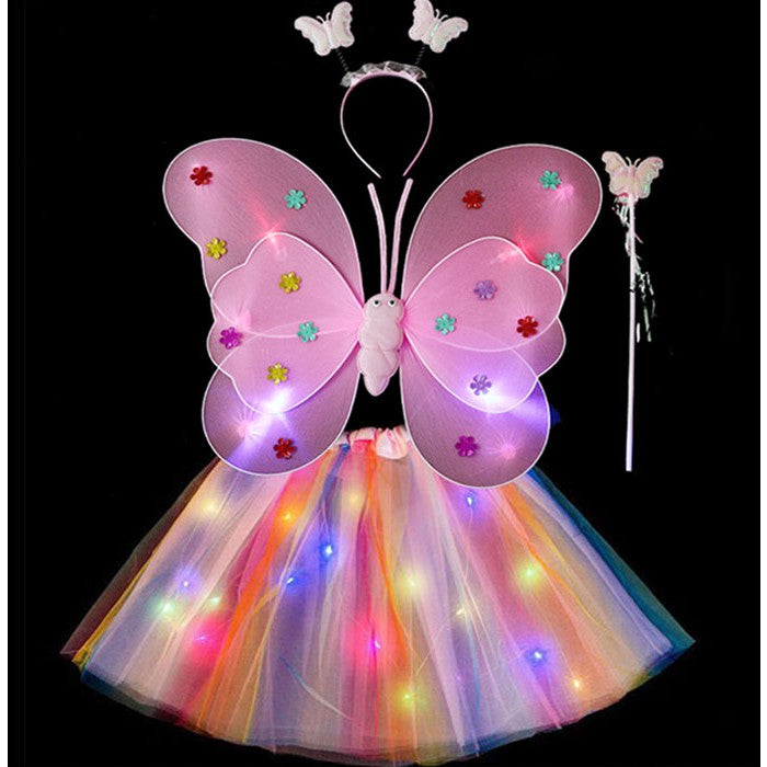 Costum Fluturas pentru Copii, Aripi Modelabile si Fusta Tul cu Lumini LED, Set 4 Piese cu Bagheta si Bentita, Bumbac si Poliester, Marime Universala, Curcubeu