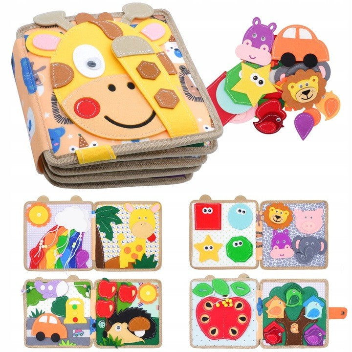 Luxma Carte Senzoriala Educativa Montessori 7in1, Dezvoltare Abilitati Motorii, Fetru cu Elemente Detasabile 3D, 8 Pagini, Model Girafa, 21x21x8 cm, Maro