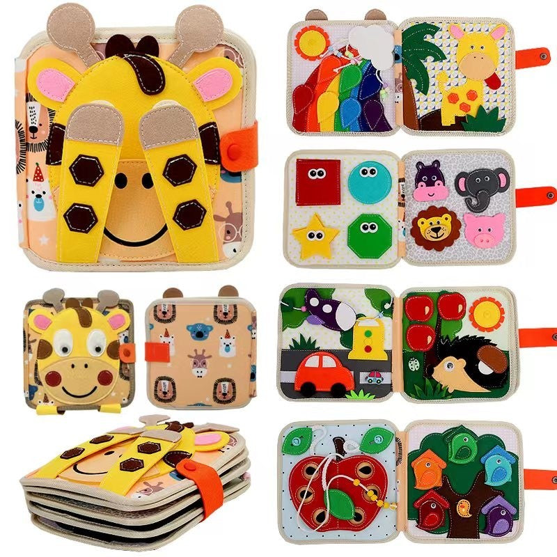 Luxma Carte Senzoriala Educativa Montessori 7in1, Dezvoltare Abilitati Motorii, Fetru cu Elemente Detasabile 3D, 8 Pagini, Model Girafa, 21x21x8 cm, Maro