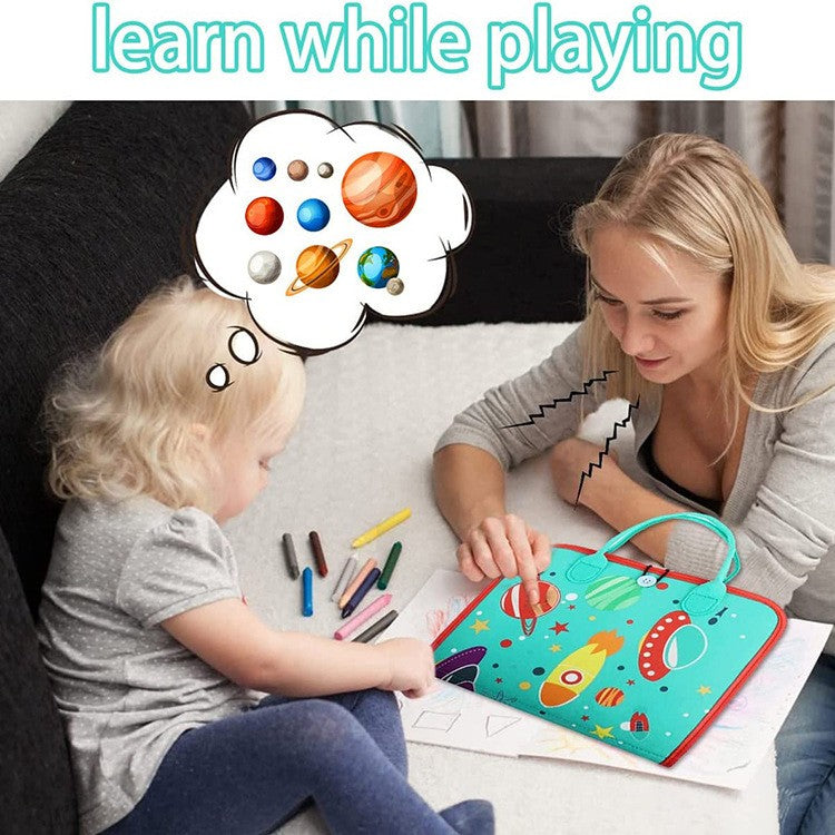 Carte Senzoriala Montessori, Jucarie Educativa Dezvoltare Abilitati Motorii Fine, 4 Pagini cu Activitati Interactive, Material Textil Moale, Model Spatiu Cosmic, 28x22x7 cm, Albastru