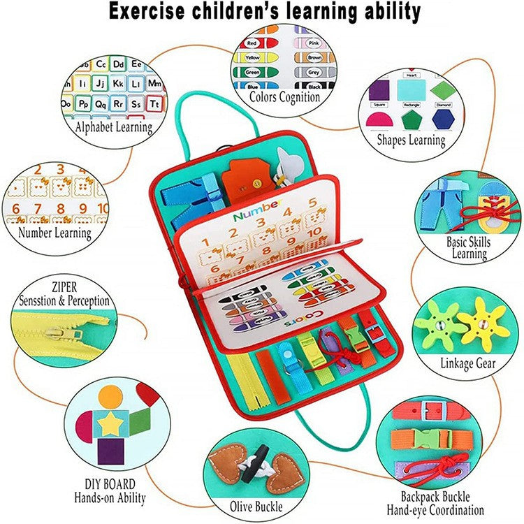 Carte Senzoriala Montessori, Jucarie Educativa Dezvoltare Abilitati Motorii Fine, 4 Pagini cu Activitati Interactive, Material Textil Moale, Model Spatiu Cosmic, 28x22x7 cm, Albastru