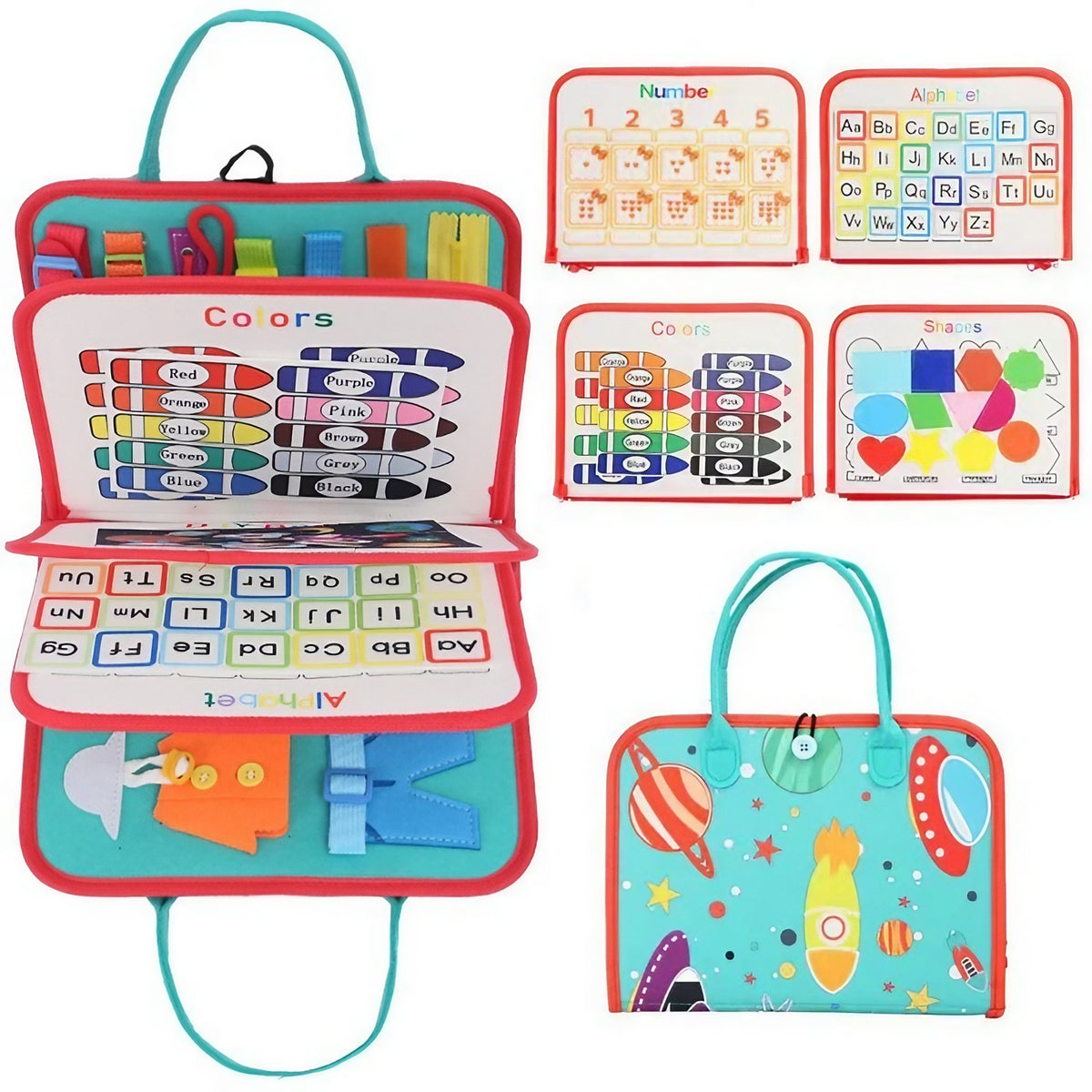 Carte Senzoriala Montessori, Jucarie Educativa Dezvoltare Abilitati Motorii Fine, 4 Pagini cu Activitati Interactive, Material Textil Moale, Model Spatiu Cosmic, 28x22x7 cm, Albastru