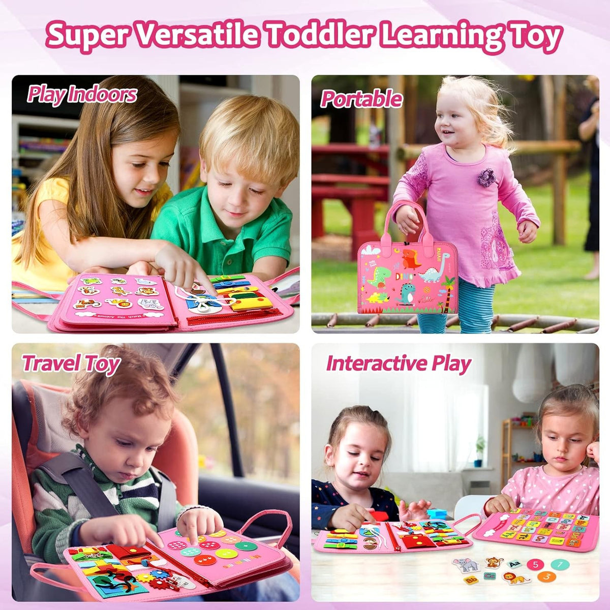 Carte Senzoriala Educativa Montessori, 26 de Activitati pentru Abilitati Motorii Fine, Material Textil Moale, Model Dinozauri, 4 Pagini, 28x22x7 cm, Roz