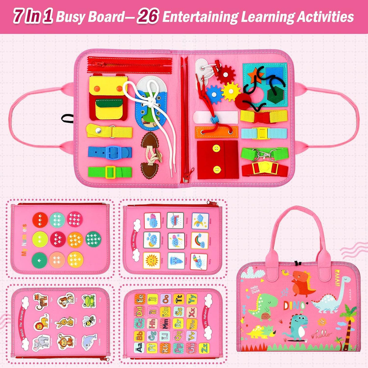 Carte Senzoriala Educativa Montessori, 26 de Activitati pentru Abilitati Motorii Fine, Material Textil Moale, Model Dinozauri, 4 Pagini, 28x22x7 cm, Roz