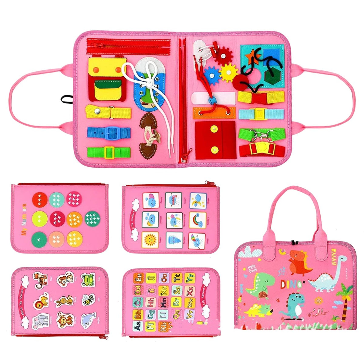 Carte Senzoriala Educativa Montessori, 26 de Activitati pentru Abilitati Motorii Fine, Material Textil Moale, Model Dinozauri, 4 Pagini, 28x22x7 cm, Roz