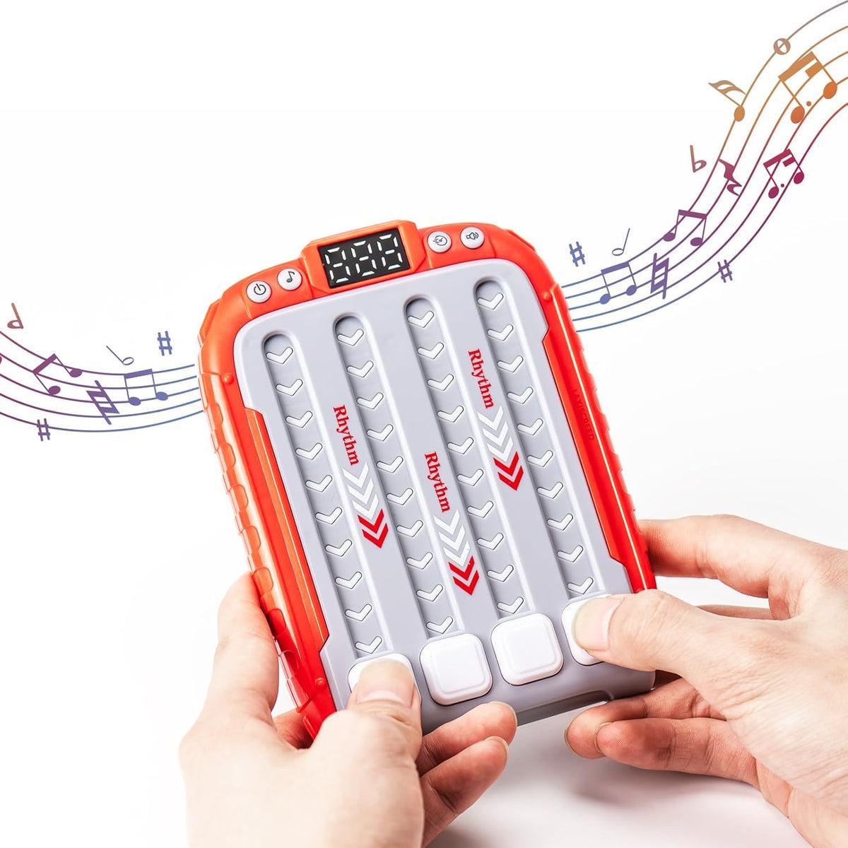 Jucarie Interactiva Rhythm, Joc de Ritm si Memorie cu Functie Muzicala si Lumini LED, 6 Niveluri de Dificultate, Plastic ABS, +3 Ani, 15 x 3 x 11 cm, Rosu