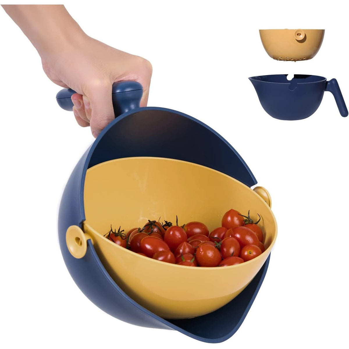 Bol cu Doua Straturi pentru Spalare si Scurgere Fructe sau Legume, Cos Detasabil cu Inclinare 90 Grade, Material ABS si PP, Capacitate 2L, 29.9 x 22.5 x 11.8 cm, Albastru-Portocaliu
