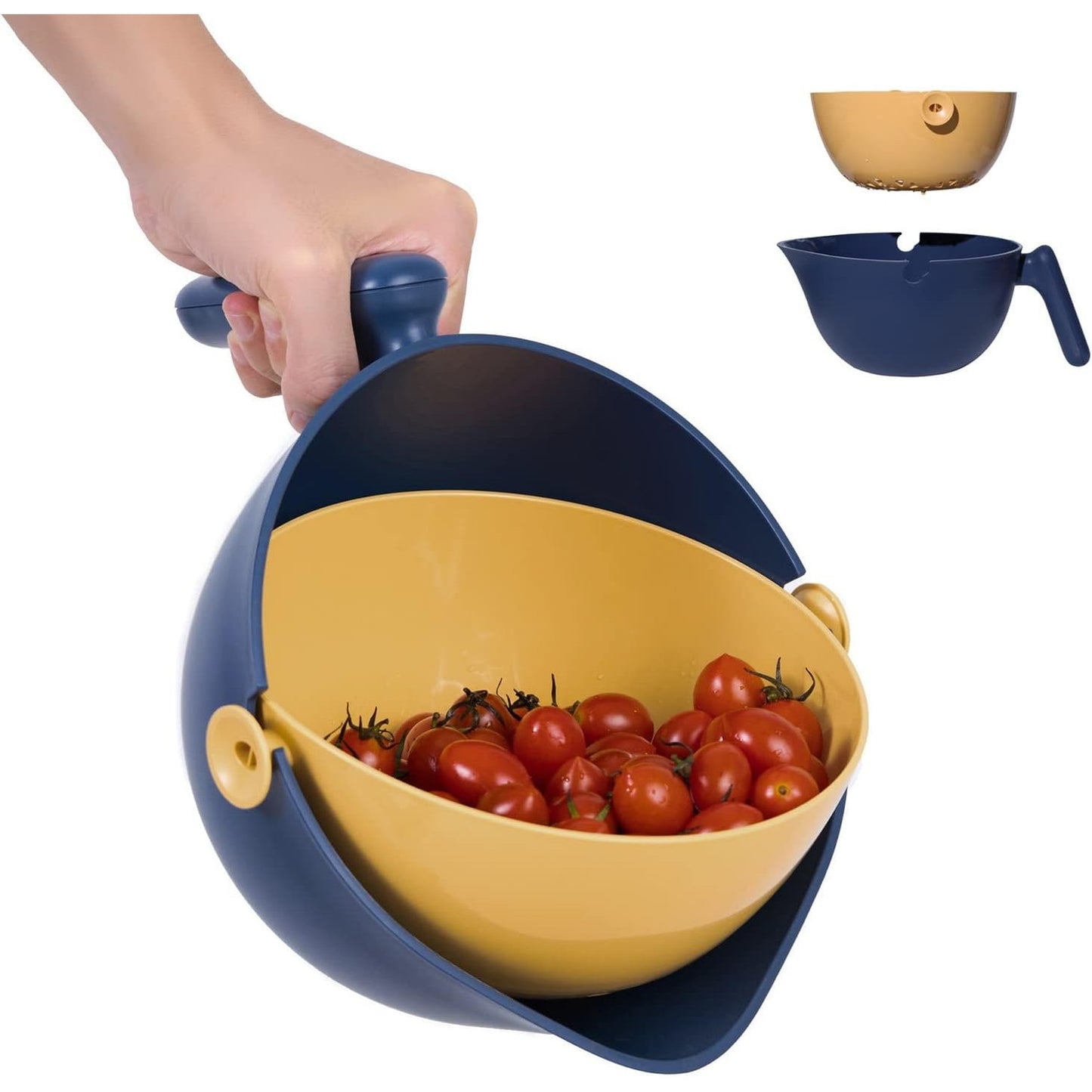 Bol cu Doua Straturi pentru Spalare si Scurgere Fructe sau Legume, Cos Detasabil cu Inclinare 90 Grade, Material ABS si PP, Capacitate 2L, 29.9 x 22.5 x 11.8 cm, Albastru-Portocaliu
