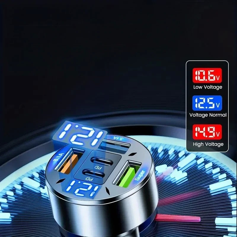 Încărcător Auto 5 în 1 Fast Charge, PD 65W și QC3.1, 2 x Type C și 3 x USB, Afișaj LED Tensiune, Plastic ABS, Negru
