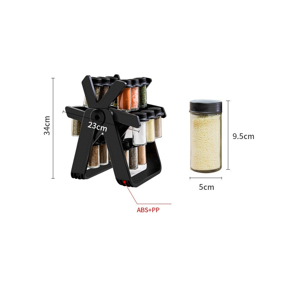Suport pentru Condimente Rotativ, Organizator Multifunctional Pivotant 360 Grade, ABS si Sticla, 34x23 cm, Negru