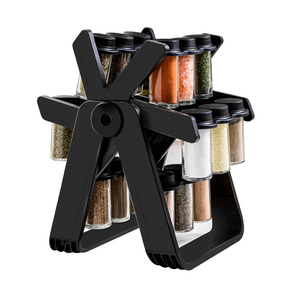 Suport pentru Condimente Rotativ, Organizator Multifunctional Pivotant 360 Grade, ABS si Sticla, 34x23 cm, Negru
