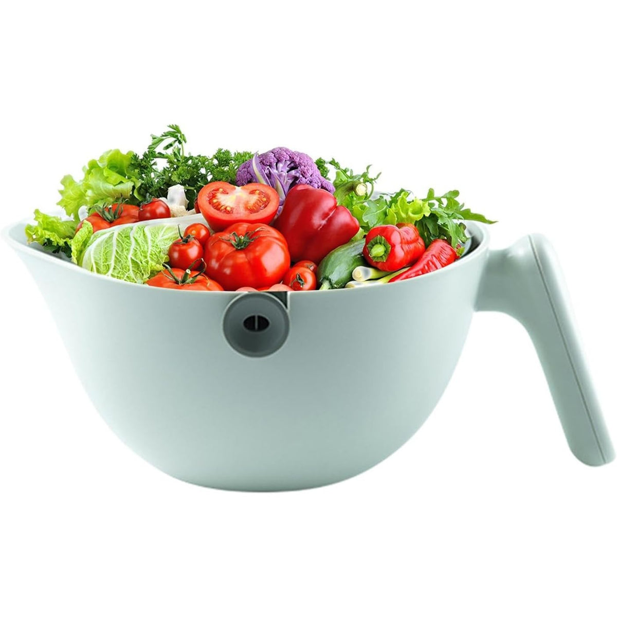 Bol cu Doua Straturi pentru Spalare si Scurgere Fructe sau Legume, Strecuratoare Detasabila cu Inclinare 90 Grade, Plastic ABS si PP, Capacitate 2L, 29.9 x 22.5 x 11.8 cm, Verde