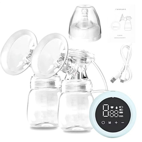 Pompa De San Electrica 2 In 1, Portabila Cu 2 Moduri Si 9 Viteze, Silentioasa Sub 35 DB, Ecran LED Tactil, Silicon Fara BPA, Acumulator 1200 mAh, 2 Biberoane 180 ml, Albastru Transparent