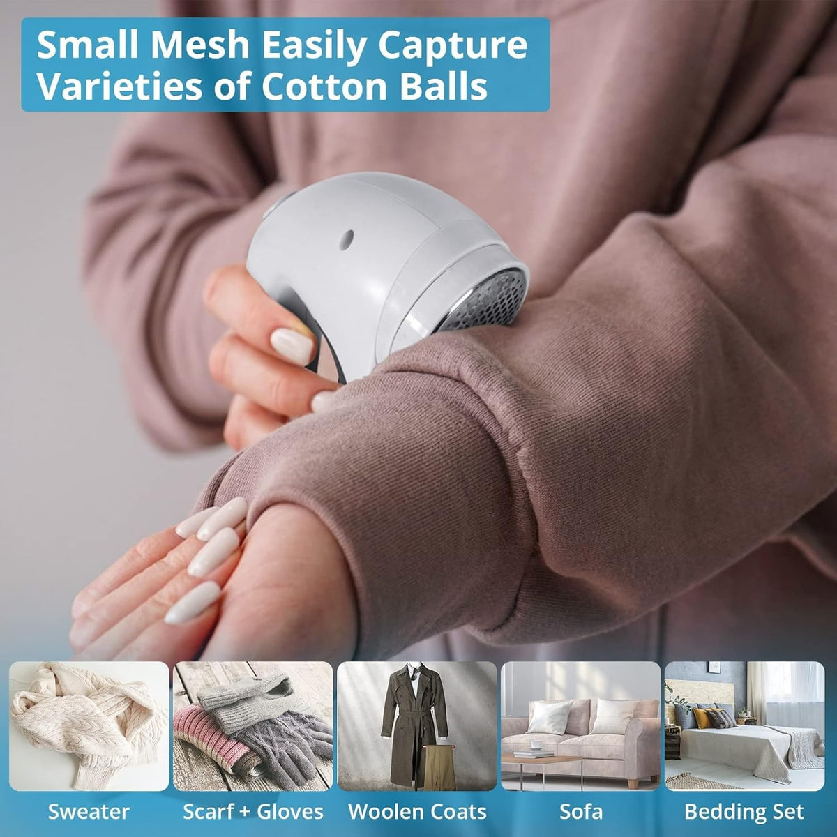 Aparat Pentru Curatat Scame, Par si Praf, Trimmer Textil cu Lame din Otel Inoxidabil, Reincarcabil USB, Design Ergonomic, Portabil, 15x6x9 cm, Alb