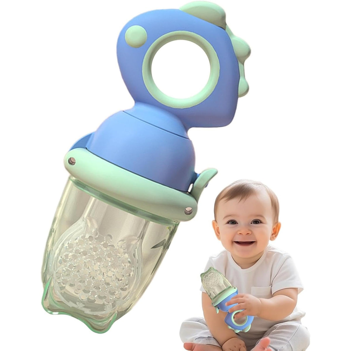 Suzeta pentru Fructe si Legume, Dispozitiv de Hranire cu Maner Ergonomic si Capac Protectie, Silicon Alimentar Fara BPA, Tetina 2 mm, 4 Luni+, Albastru