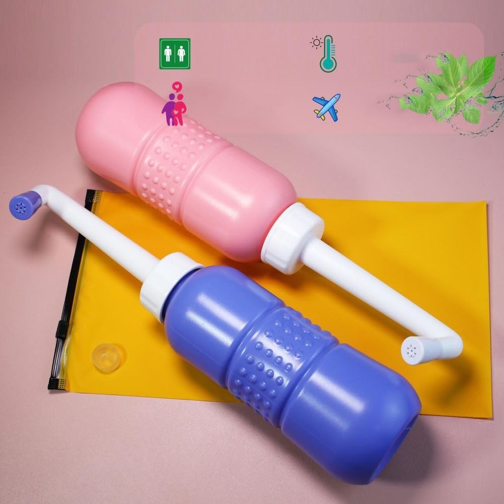 Bideu Portabil pentru Igiena Intima Postpartum si Postoperator, Irigator Ergonomic cu Capac si Husa Transport, Plastic Rezistent, 450 ml, Roz/Galben, 29.5x7 cm
