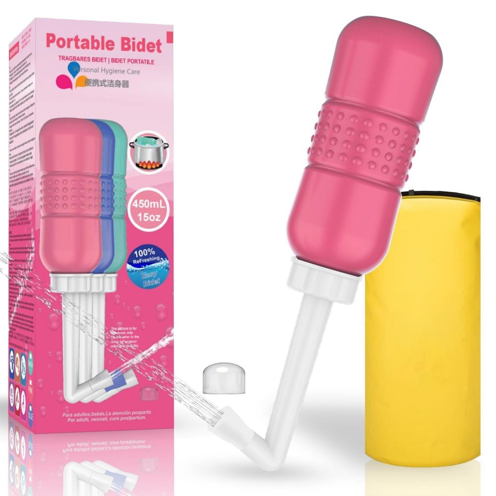 Bideu Portabil pentru Igiena Intima Postpartum si Postoperator, Irigator Ergonomic cu Capac si Husa Transport, Plastic Rezistent, 450 ml, Roz/Galben, 29.5x7 cm