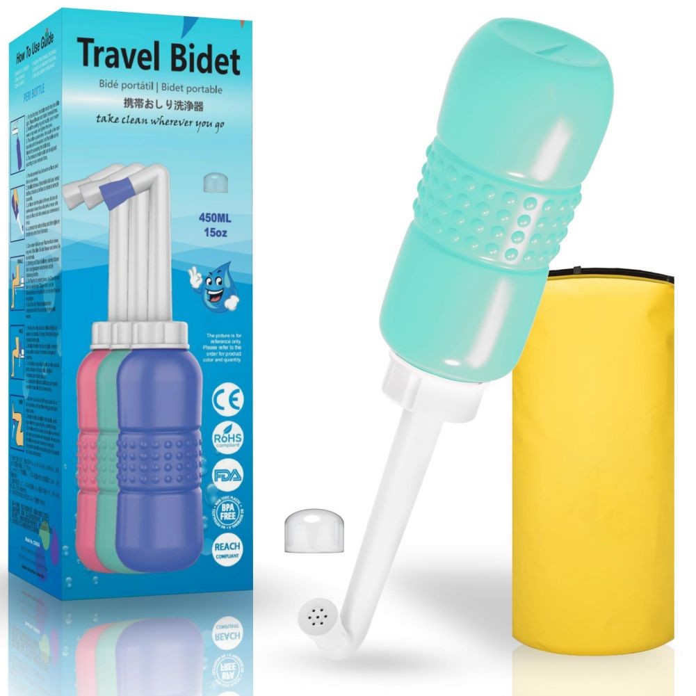 Bideu Portabil pentru Igiena Intima, Recuperare Postpartum si Postoperatorie, Design Ergonomic cu Capac, 450 ml, Verde cu Husa Galbena, 29.5x7 cm