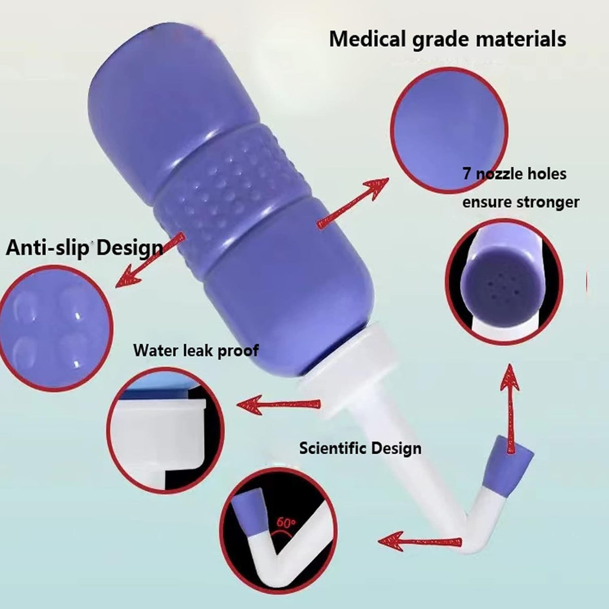 Bideu Portabil pentru Igiena Intima, Recuperare Postpartum si Postoperator, Plastic Ergonomic cu Capac, 450 ml, Mov cu Husa Galbena, 29.5x7 cm