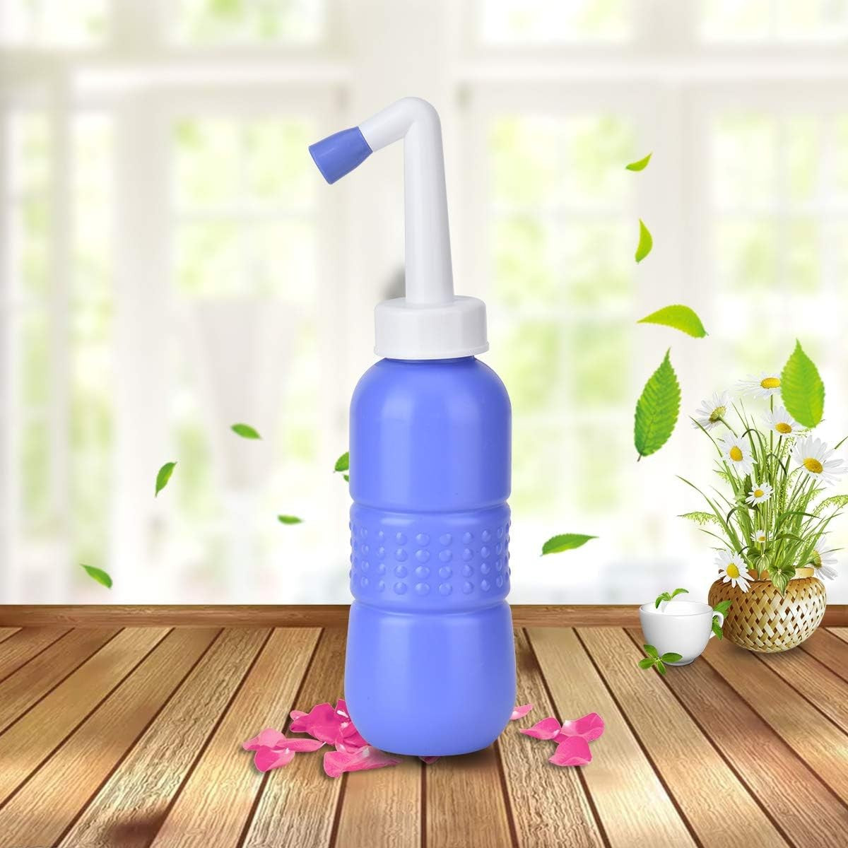 Bideu Portabil pentru Igiena Intima, Recuperare Postpartum si Postoperator, Plastic Ergonomic cu Capac, 450 ml, Mov cu Husa Galbena, 29.5x7 cm