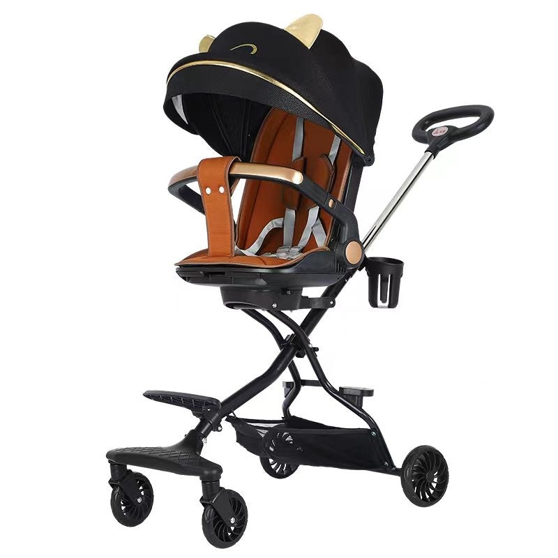 Cărucior Sport 3 în 1, Reversibil cu Poziție de Somn, Pliabil, Scaun Ajustabil, Roți Pivotante 360, Cadru Metalic și Roți Cauciuc, 6-36 Luni, 32x63x95 cm, Negru, Model Pisicuțe