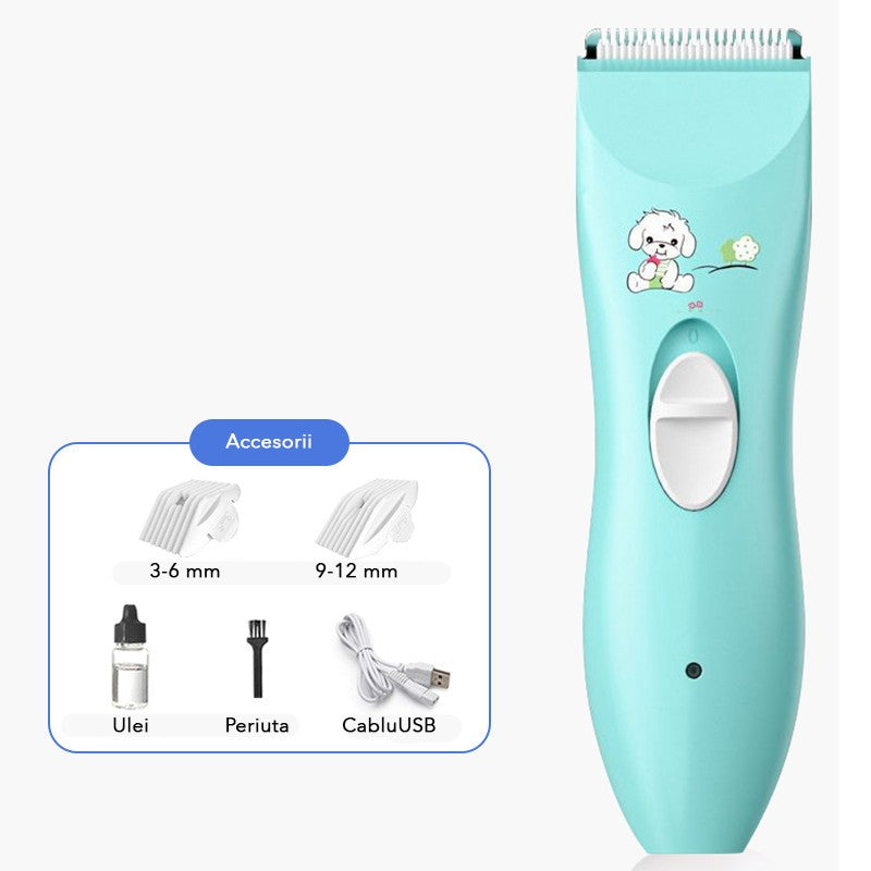 Masina de Tuns Bebelusi si Copii, Lame Ceramice si Inox, Functie Anti-Taiere, Motor Silentios, Rezistenta la Apa, Acumulator USB, 50 W, Model Ursulet, 2 Accesorii, Albastru Deschis
