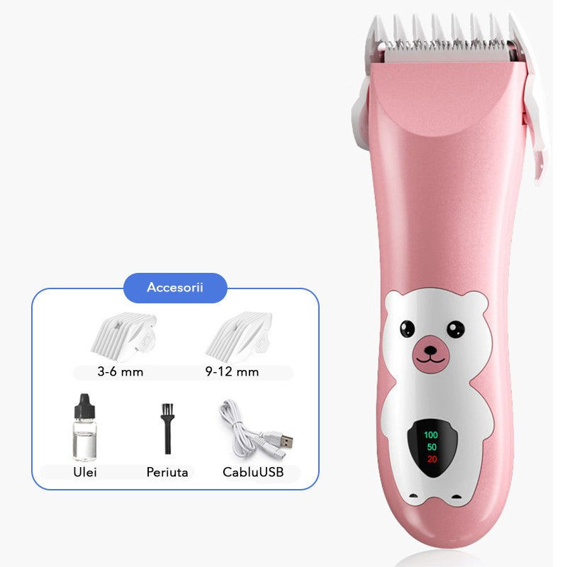 Masina de Tuns pentru Bebelusi si Copii, Display Digital, Functie Anti-Taiere si Silentioasa, Lame Ceramice si Inox, Rezistenta la Apa, 50W, Fara Fir, Model Ursulet, Roz