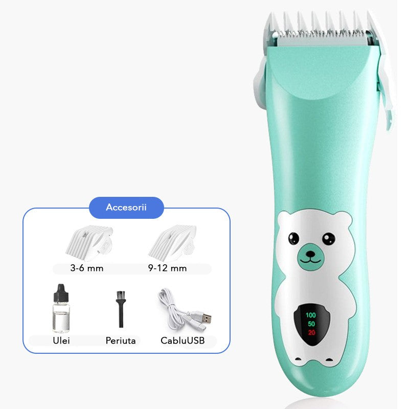 Masina de Tuns Bebelusi si Copii, Silentioasa cu Functie Anti-Taiere, Lame Ceramice si Inox, Display Digital, Rezistenta la Apa, Incarcare USB, Design Ursulet, Verde