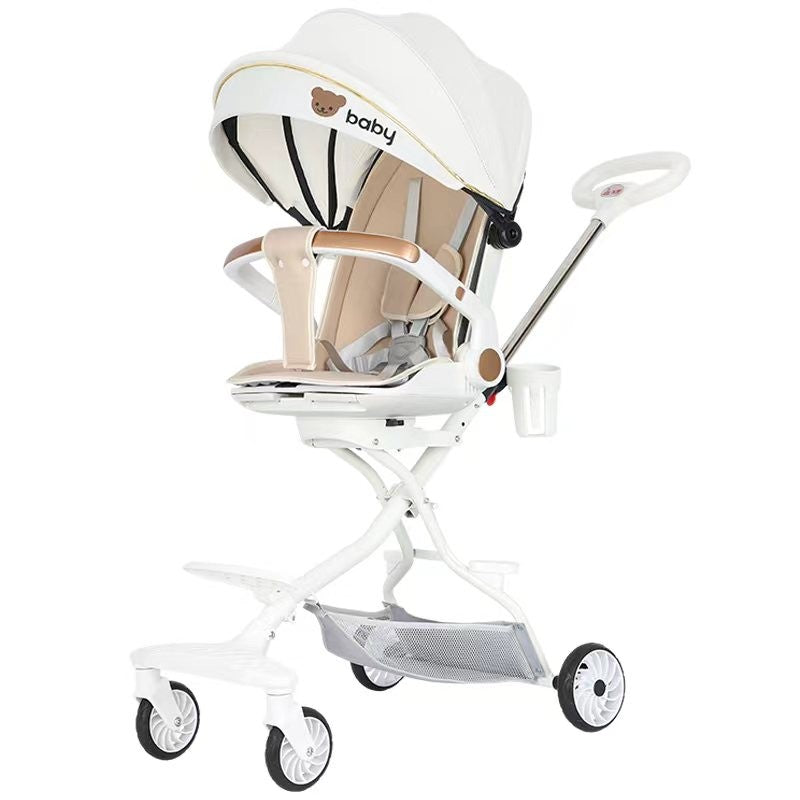 Cărucior Sport 3 în 1, Reversibil și Pliabil, Șezut Ajustabil cu Poziție de Somn, Tavită Masă și Suport Pahar, Cadru Metalic cu Roți Pivotante 360°, 6-36 Luni, 32x63x95 cm, Alb, Model Ursulet