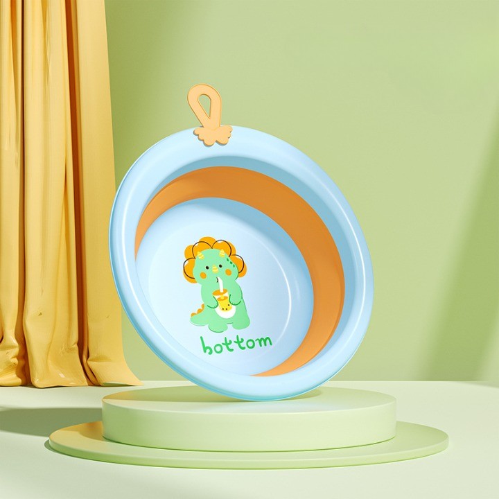 Cadita Pliabila pentru Bebelusi si Copii, Cada Rotunda cu Model Dinozaur, Plastic PP, Capacitate 4L, Bleu, 30x30x3.7 cm