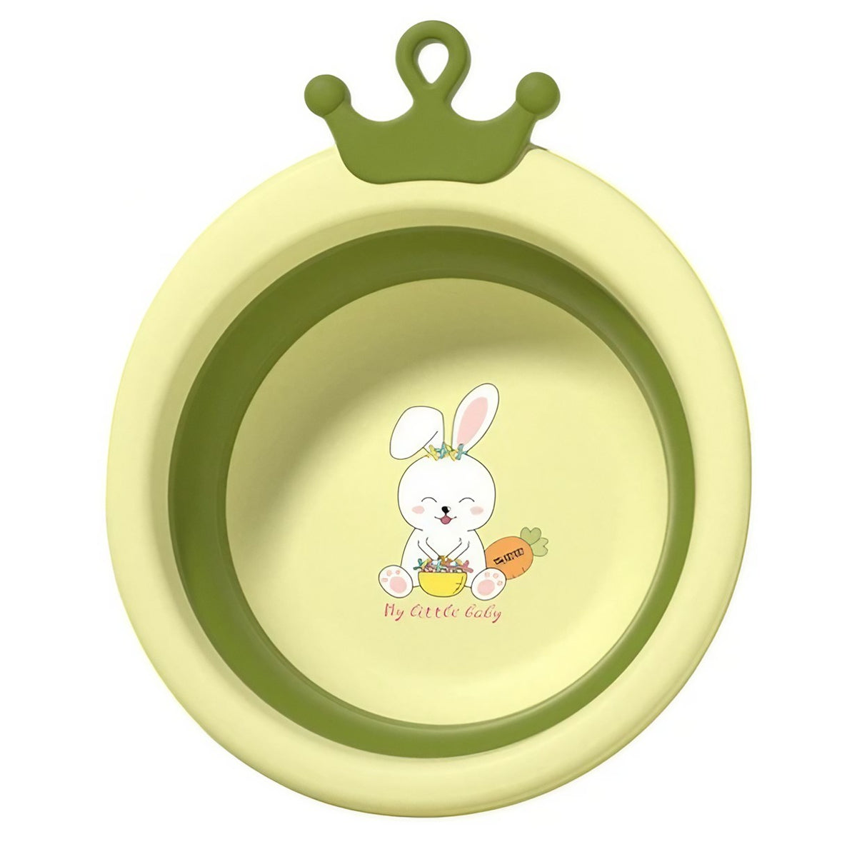 Cadita Pliabila pentru Bebelusi si Copii, Model Rotund cu Iepuras, Material Non-Toxic, Portabila, Verde, 3.3 L, 30x31x3.5 cm