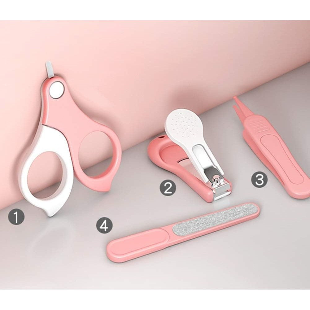 Set de Ingrijire Unghii pentru Bebelusi 4in1, Foarfeca, Unghiera, Pila si Penseta, Otel Inoxidabil si ABS Fara BPA, 0-6 Ani, Roz