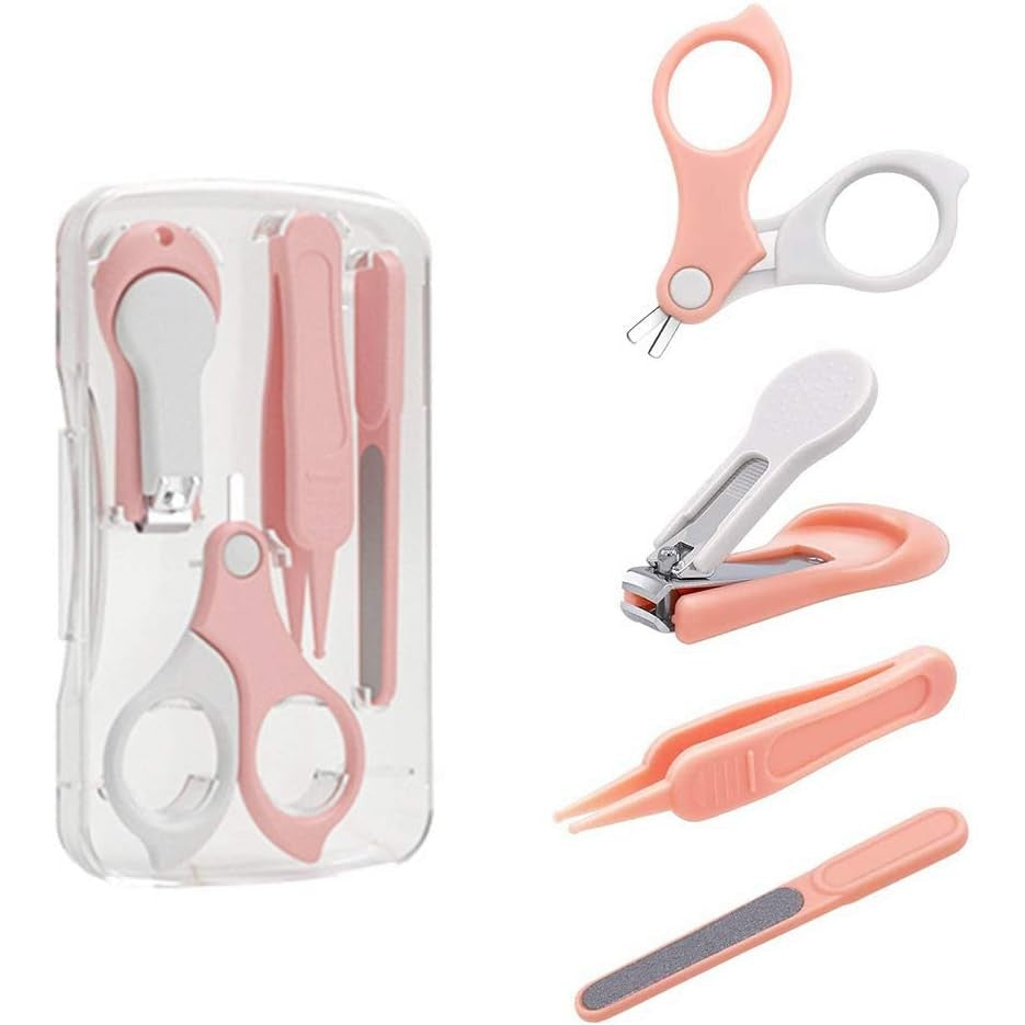 Set de Ingrijire Unghii pentru Bebelusi 4in1, Foarfeca, Unghiera, Pila si Penseta, Otel Inoxidabil si ABS Fara BPA, 0-6 Ani, Roz