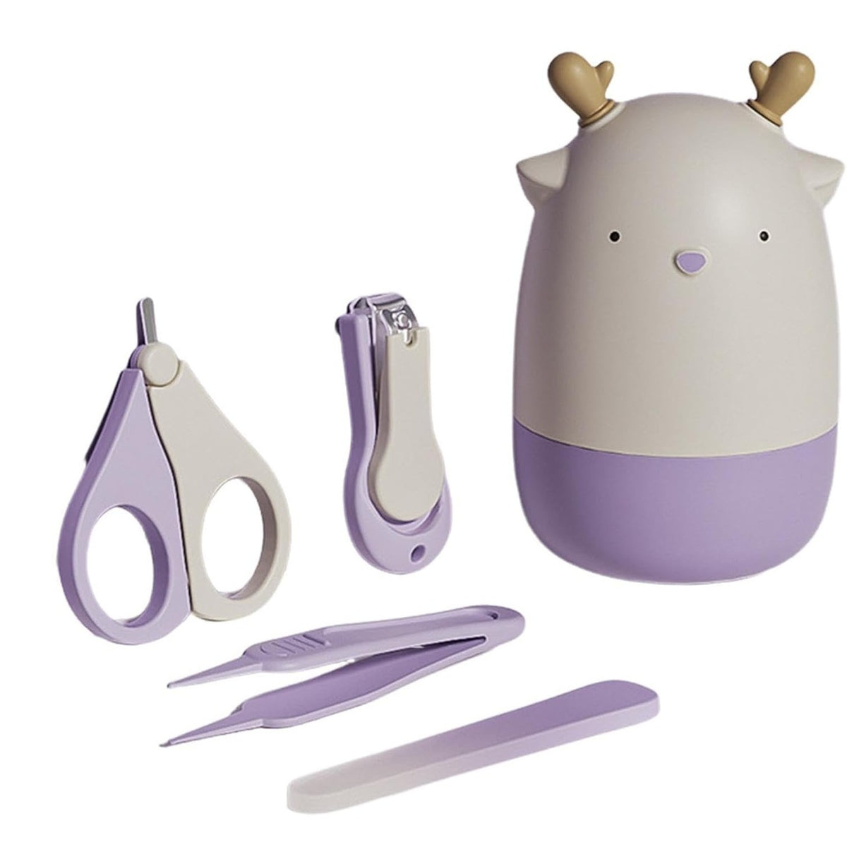 Set Ingrijire Unghii Bebelusi 4 in 1, Unghiera, Foarfeca, Pila si Penseta, Otel Inoxidabil si ABS fara BPA, Design Cerb, 0-6 Ani, Mov