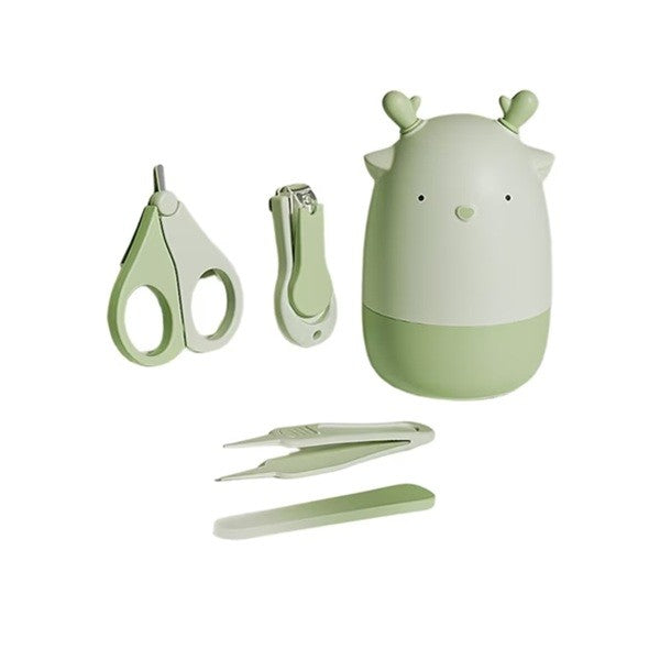 Set 4 in 1 de Ingrijire Unghii pentru Bebelusi si Copii, Unghiera, Foarfeca, Pila si Penseta, Otel Inoxidabil si ABS fara BPA, 0-6 Ani, Cutie Depozitare Model Cerb, 11 x 6 x 11 cm, Verde