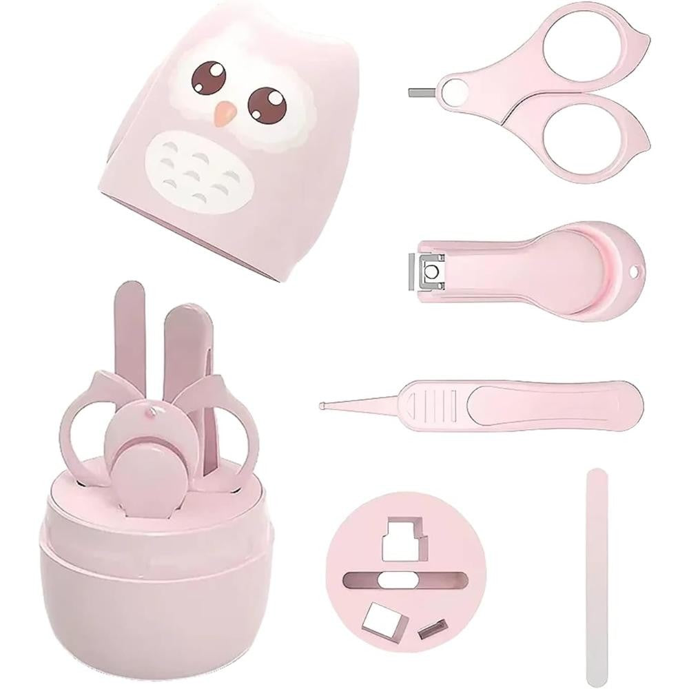 Set Ingrijire Unghii Bebelusi si Nou-Nascuti, Kit Manichiura cu Cutie Depozitare Maimuta, ABS si Otel Inoxidabil, 4 Piese, 0 Luni+, Roz