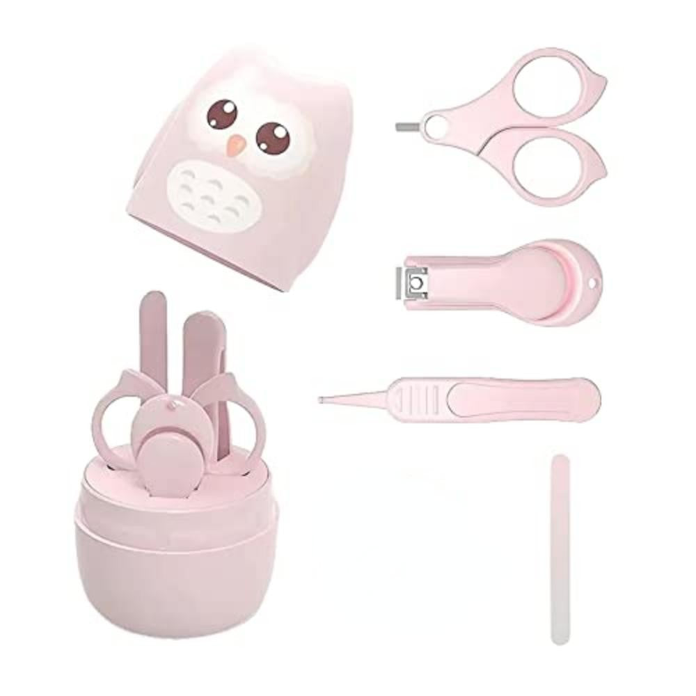 Set Ingrijire Unghii Bebelusi si Nou-Nascuti, Kit Manichiura cu Cutie Depozitare Maimuta, ABS si Otel Inoxidabil, 4 Piese, 0 Luni+, Roz