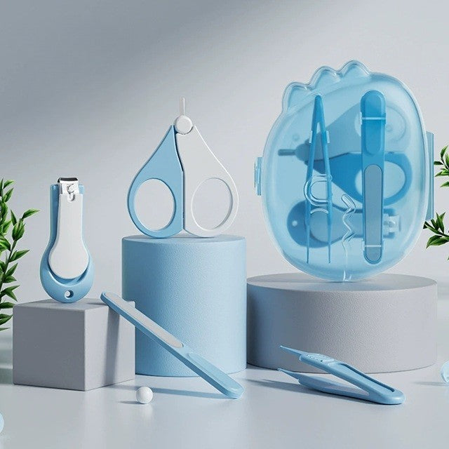 Set de Îngrijire Unghii pentru Bebeluși 4 în 1, Trusă Manichiură Nou-Născuți și Copii 0-6 Ani, Design Dinozaur, ABS și Oțel Inoxidabil, 11.5 x 9 x 3 cm, Albastru
