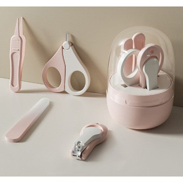 Set de Ingrijire Unghii pentru Bebelusi 4 in 1, Unghiera, Foarfeca, Pila si Penseta, Otel Inoxidabil si ABS Fara BPA, Cutie Depozitare Tip Borcan, 0-6 Ani, Roz