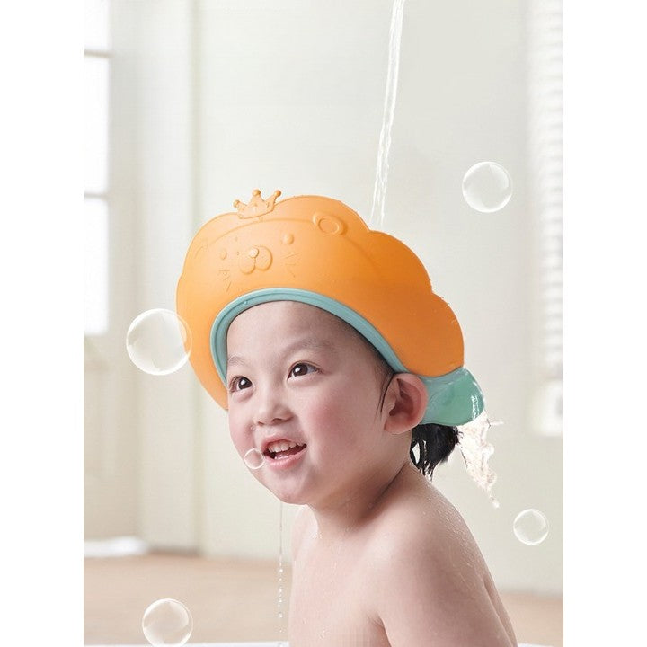 Viziera de Protectie Baie Pentru Copii si Bebelusi, Fippy, Model Coronita Leu cu Protectie Urechi, Silicon TPE si PP, Dimensiune Ajustabila, 21x20.5 cm, Portocaliu