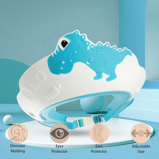 Viziera Protectie Baie Pentru Copii si Bebelusi, Protectie Ochi si Urechi Impotriva Samponului, Banda Ajustabila, Model Dinozaur, Material TPE si PP, 22x21 cm, Albastru