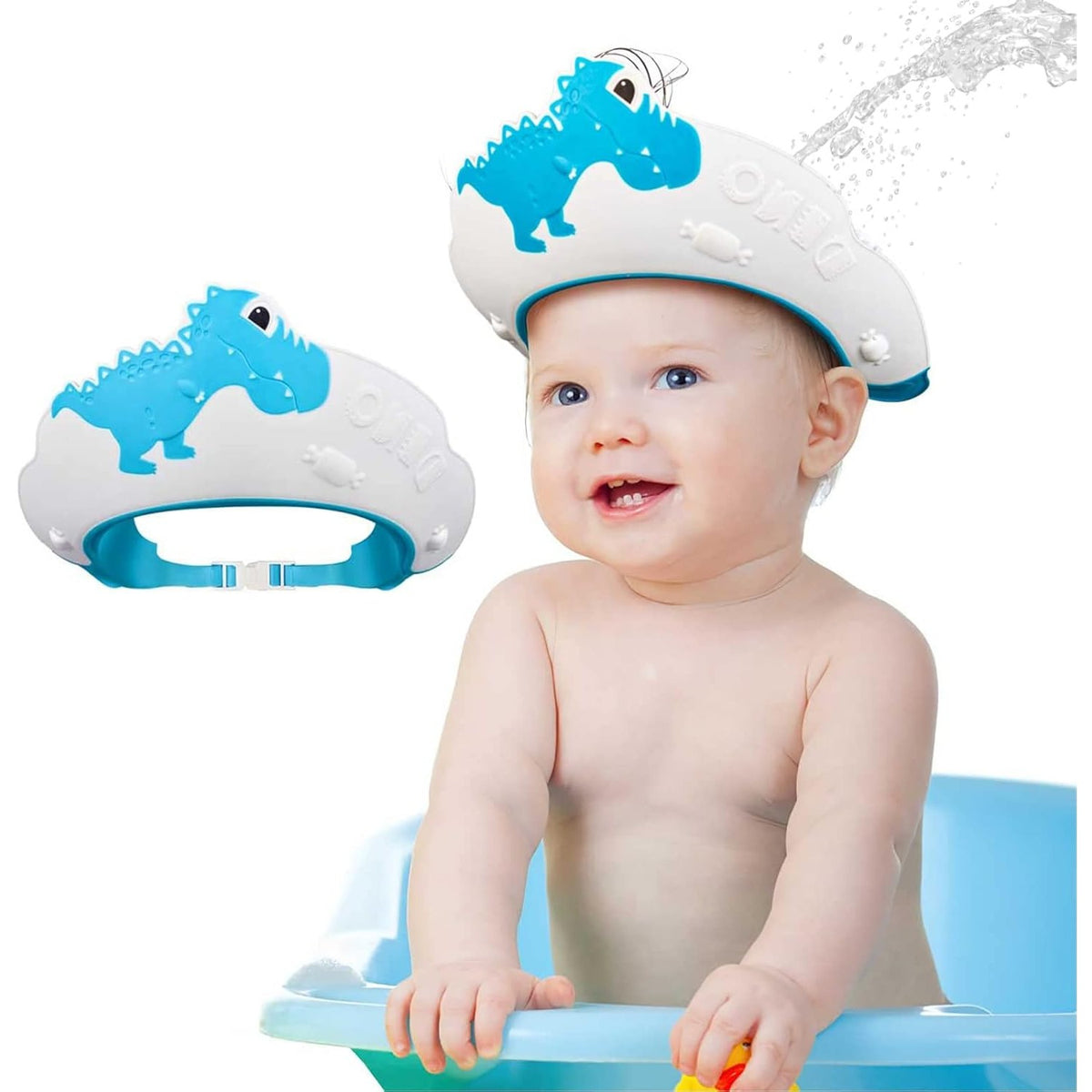 Viziera Protectie Baie Pentru Copii si Bebelusi, Protectie Ochi si Urechi Impotriva Samponului, Banda Ajustabila, Model Dinozaur, Material TPE si PP, 22x21 cm, Albastru